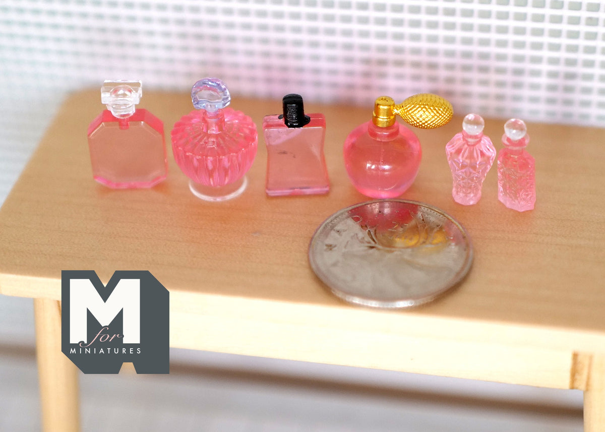 1:12 Scale Miniature Perfume and Toiletry Bottles, Set of 6, 13/16 inch tall, DIY Dollhouse Supply (pink)