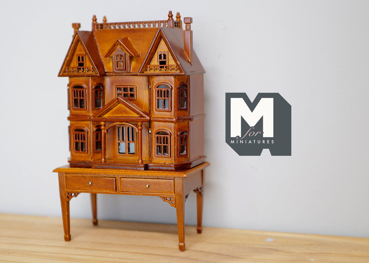 1:144 Scale Miniature Wood Victorian Dollhouse on Table with Drawers, House in a House, Set of 2, 4-1/2 inch tall, DIY Dollhouse Supply