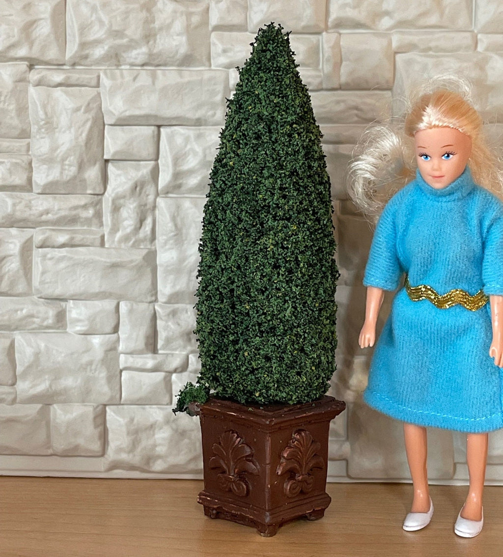 1:12 Scale Miniature Cone Topiary in Carved Square Planter, 6 inch tall, DIY Dollhouse Supply