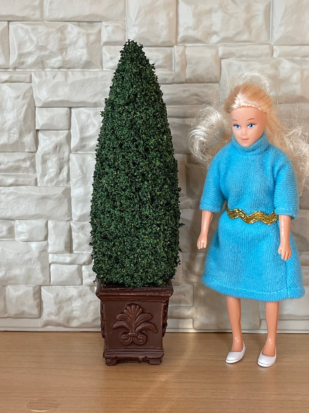 1:12 Scale Miniature Cone Topiary in Carved Square Planter, 6 inch tall, DIY Dollhouse Supply