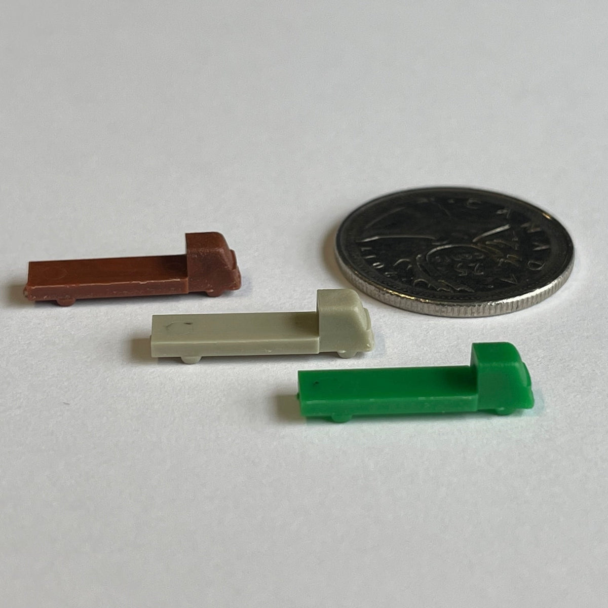 1:500 Scale Miniature Flatbed Trucks, Set of 3, 13/16 inch long, DIY Dollhouse Supply (green, beige and brown)