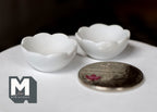 1:12 scale miniature ceramic scalloped bowls in white, small, set of 2, shown beside a coin for scale