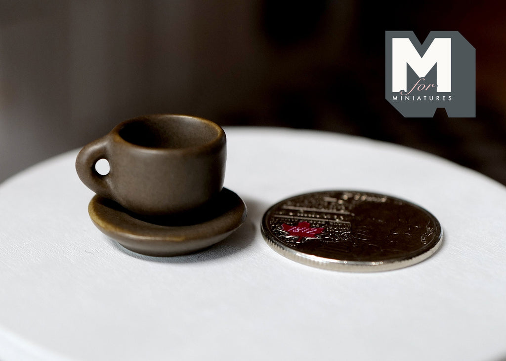 1:12 Scale Miniature Soup Mug and Plate, Set of 2, 3/4 inch long, DIY Dollhouse Supply (bronze)