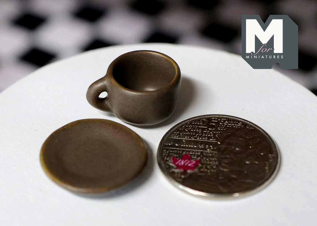 1:12 Scale Miniature Soup Mug and Plate, Set of 2, 3/4 inch long, DIY Dollhouse Supply (bronze)