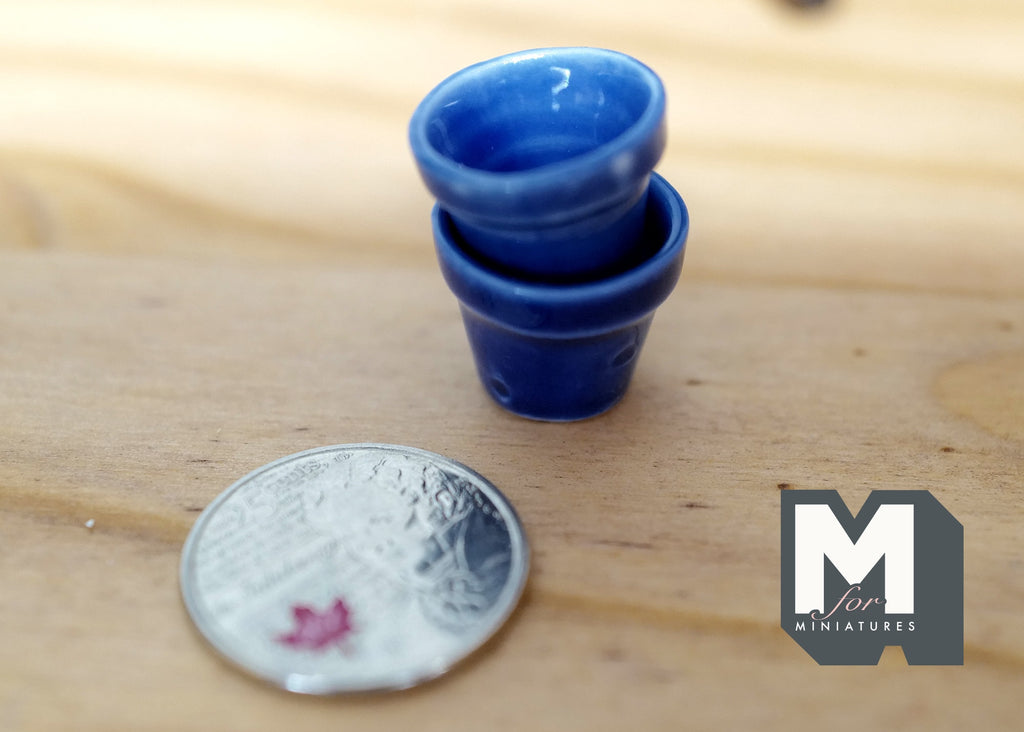 1:12 Scale Miniature Ceramic Flower Pots, Set of 2, 9/16 inch tall, DIY Dollhouse Supply (cobalt blue)