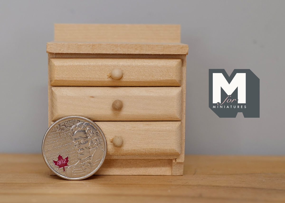 1:12 Scale Miniature Unpainted Wood Nightstand, 3 Drawers, 2-3/8 inch tall, DIY Dollhouse Supply