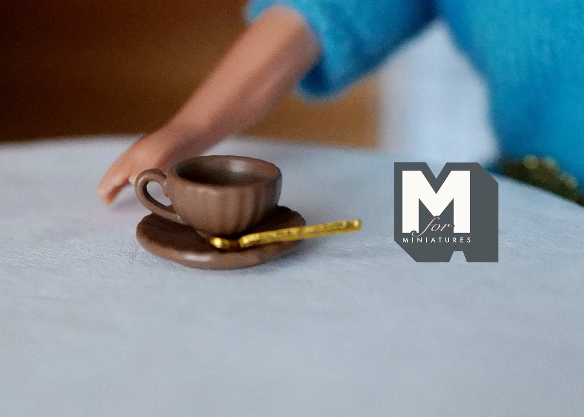 Miniature Espresso Cup Saucer and Spoon Set of 3 , 1:12 Scale Dollhouse Coffee Demitasse Cup Table Accessories - F074
