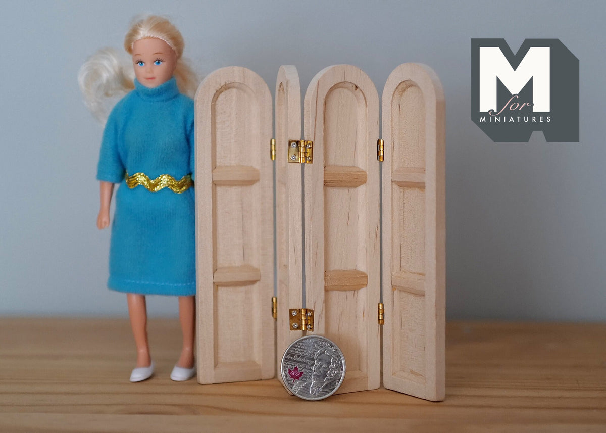 1:12 Scale Miniature Unpainted Dressing Screen, 3 Panels with Arched Tops, 4-3/4 inch tall, DIY Dollhouse Supply (wood)