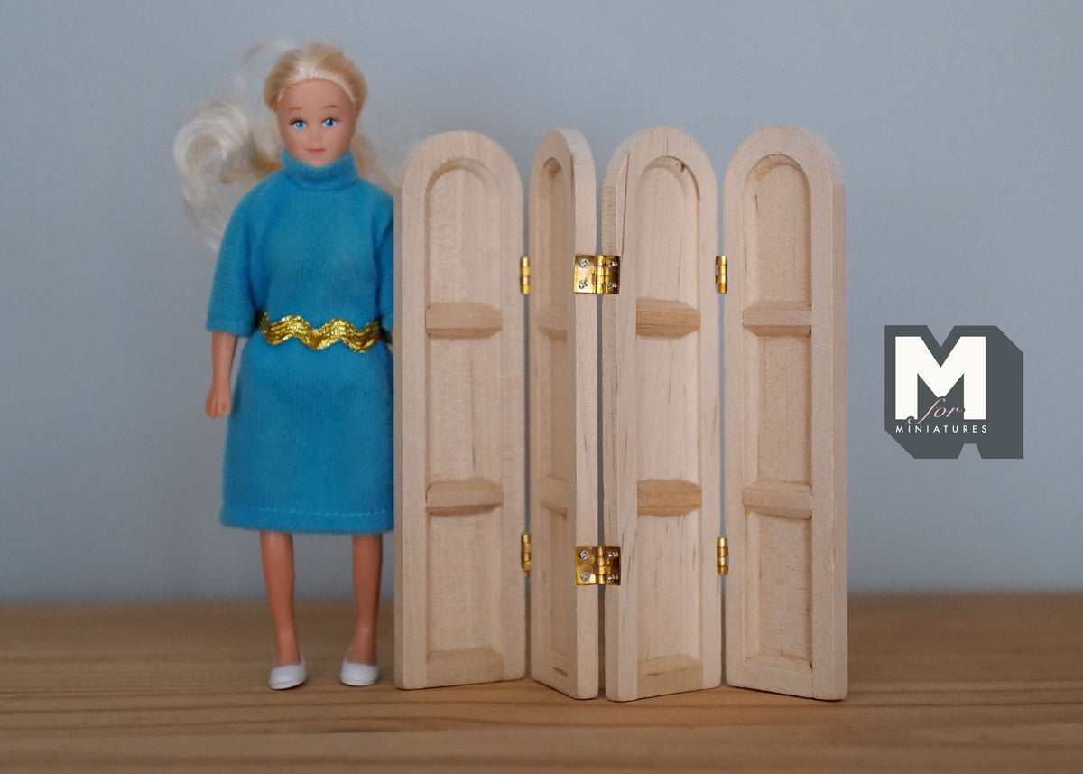 1:12 Scale Miniature Unpainted Dressing Screen, 3 Panels with Arched Tops, 4-3/4 inch tall, DIY Dollhouse Supply (wood)