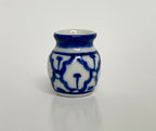 1:12 scale miniature ceramic jar vase with hand painted blue pattern, blue and white, on a white surface