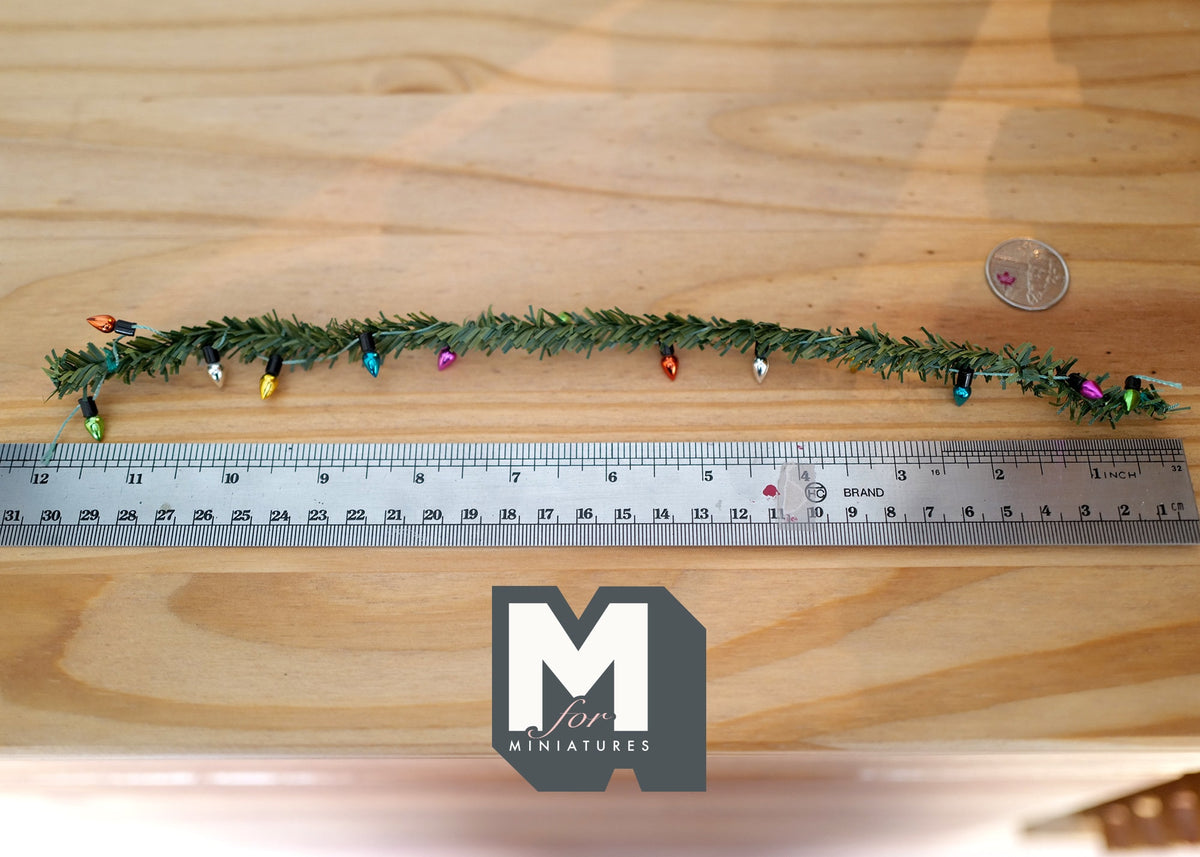 1:12 Scale Miniature Christmas Pine Garland with Colored Bulbs, 12 inch long, DIY Dollhouse Supply