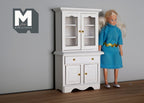 1:12 Scale Miniature Kitchen Hutch, Glass Panel Upper Doors, 2 Drawers, 5-1/2 inch tall, DIY Dollhouse Supply (white)