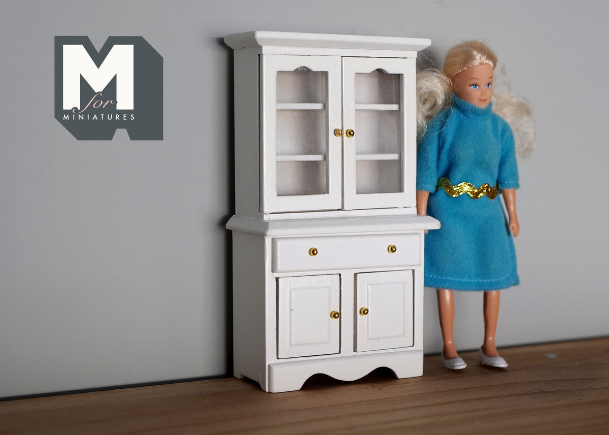 1:12 Scale Miniature Kitchen Hutch, Glass Panel Upper Doors, 2 Drawers, 5-1/2 inch tall, DIY Dollhouse Supply (white)