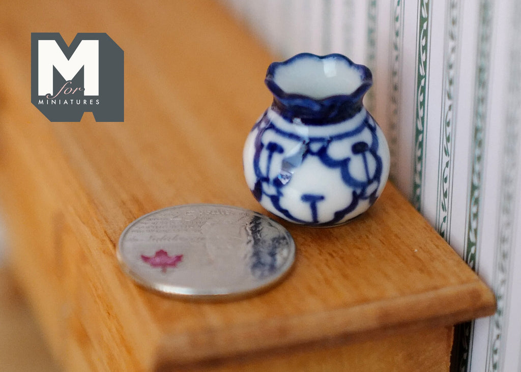 1:12 Scale Miniature Ceramic Round Vase with Flared Lip, Blue and White Floral Pattern, 13/16 inch tall, DIY Dollhouse Supply