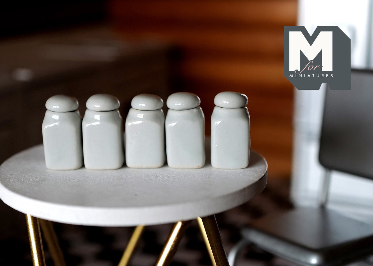1:12 Scale Miniature Kitchen Canisters with Lids, Set of 5, 13/16 inch tall, DIY Dollhouse Supply (white)