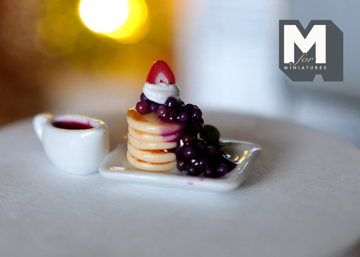 1:12 Scale Miniature Pancake Stack with Blueberry Jam and Strawberry, 13/16 inch tall, DIY Dollhouse Supply