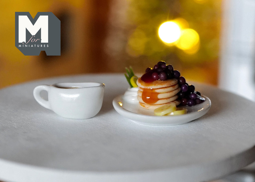 1:12 Scale Miniature Pancake Stack with Blueberry Jam and Banana, Plate and Syrup Jug, 1 inch tall, DIY Dollhouse Supply