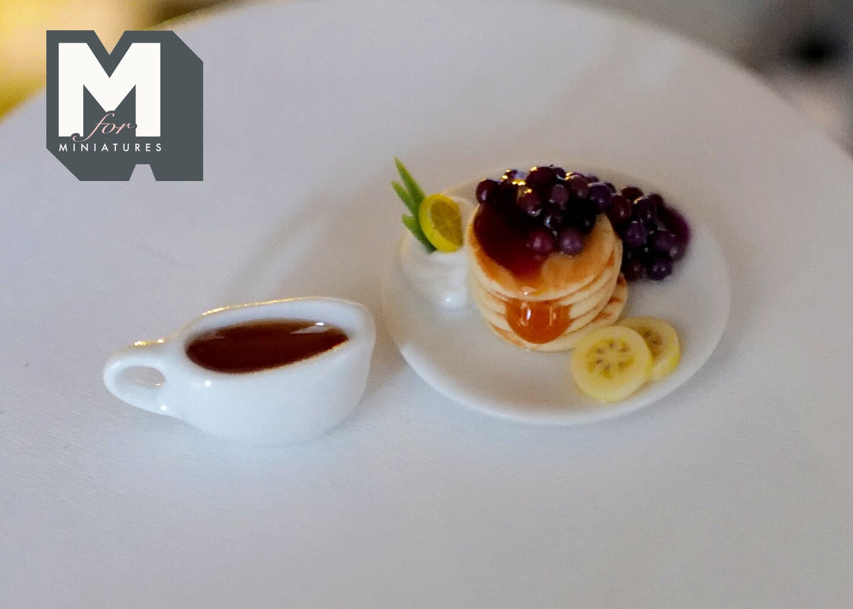 1:12 Scale Miniature Pancake Stack with Blueberry Jam and Banana, Plate and Syrup Jug, 1 inch tall, DIY Dollhouse Supply
