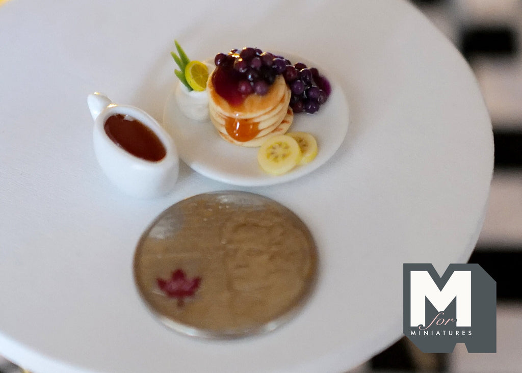 1:12 Scale Miniature Pancake Stack with Blueberry Jam and Banana, Plate and Syrup Jug, 1 inch tall, DIY Dollhouse Supply
