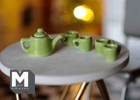 Dollhouse Miniatures Ceramic green teapot tea 5 piece set doll house teapot tea cups tray parlour miniature - A016