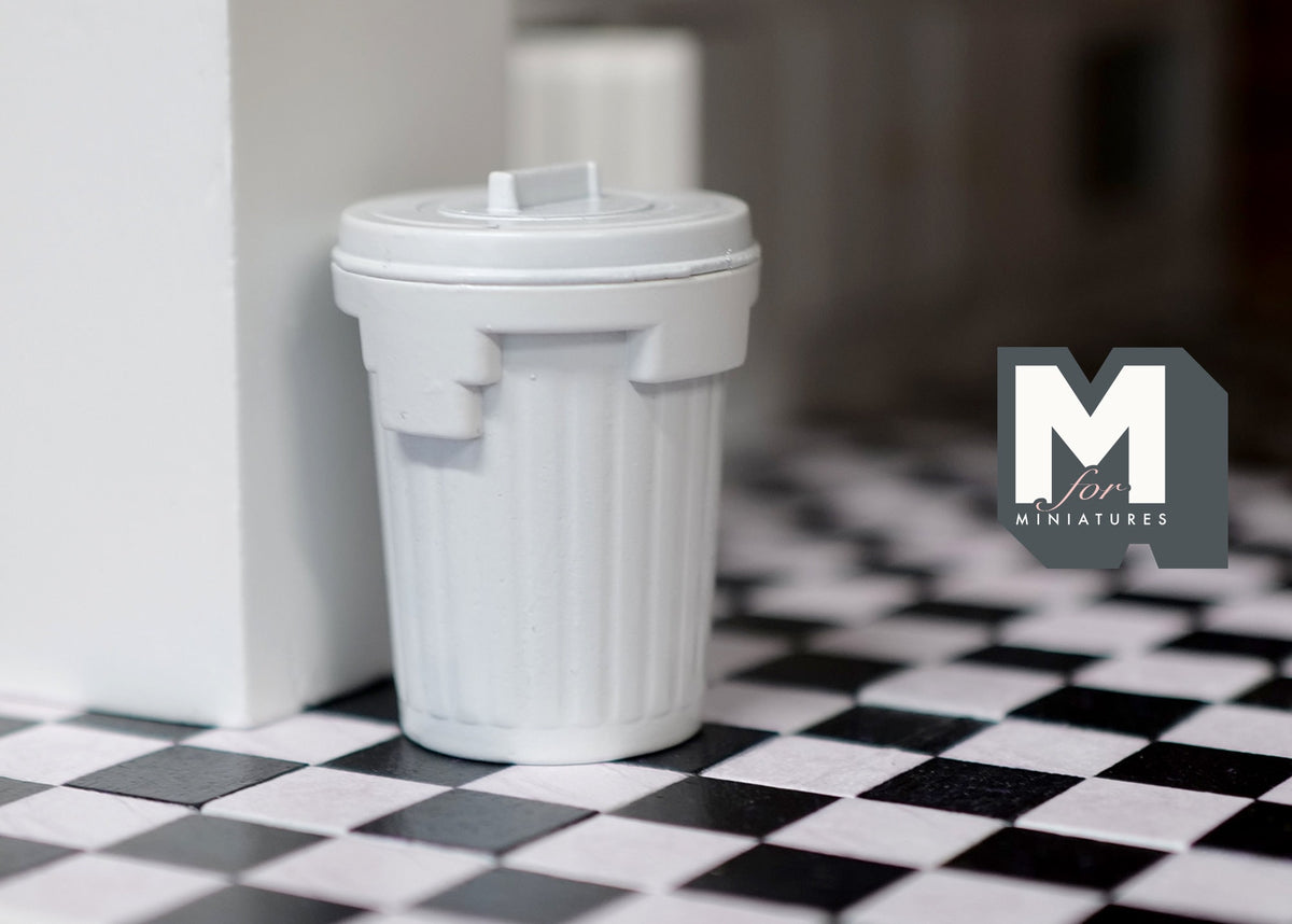 1:12 Scale Miniature Metal Garbage Can with Lid, 2 inch tall, DIY Dollhouse Supply (white)