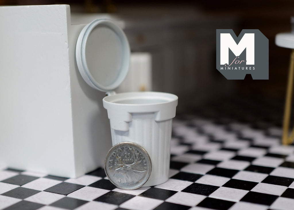 1:12 Scale Miniature Metal Garbage Can with Lid, 2 inch tall, DIY Dollhouse Supply (white)
