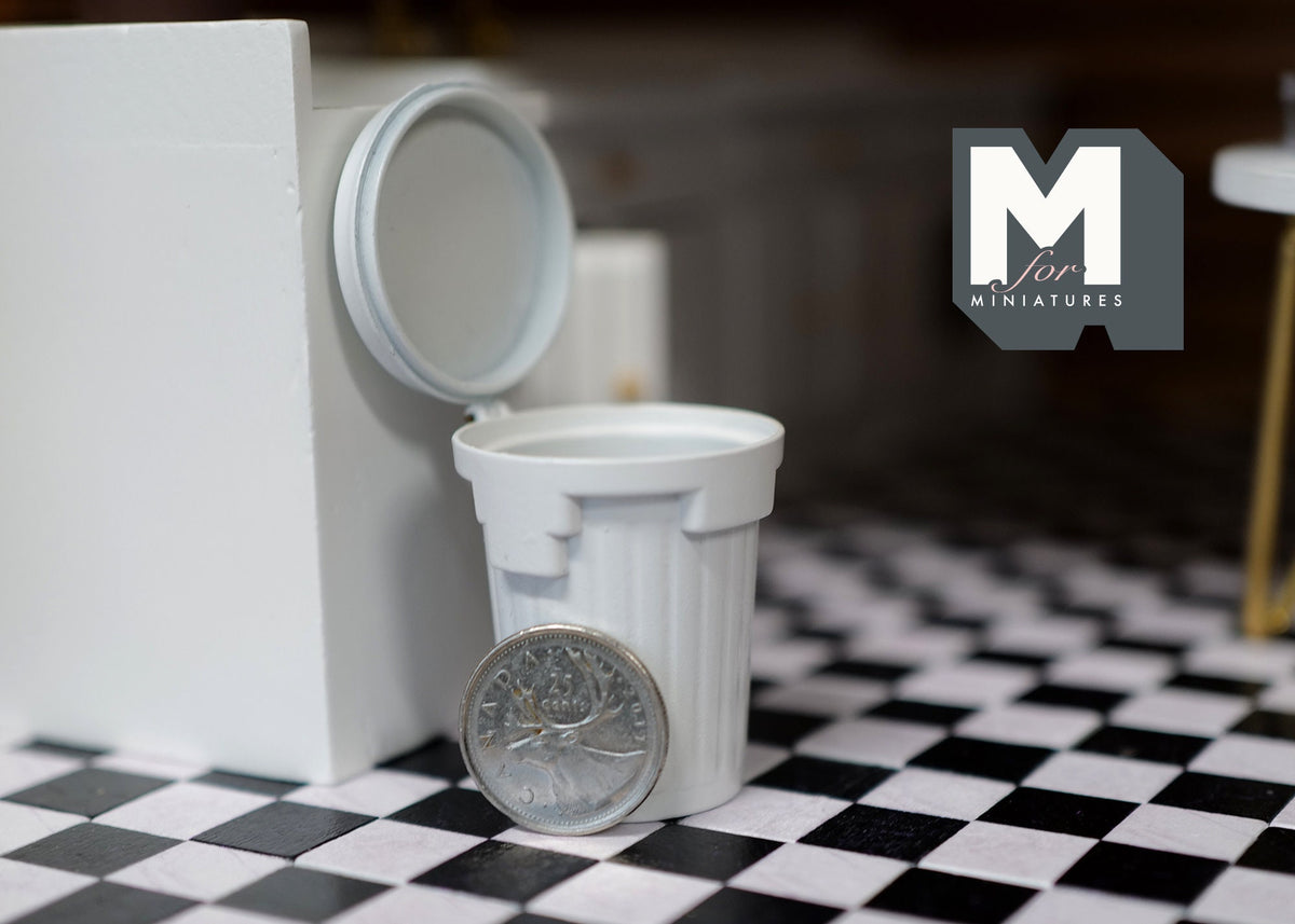 1:12 Scale Miniature Metal Garbage Can with Lid, 2 inch tall, DIY Dollhouse Supply (white)