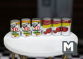 1:12 Scale Miniature Tin Cans with Printed Labels, Set of 6, 9/16 inch tall, DIY Dollhouse Supply