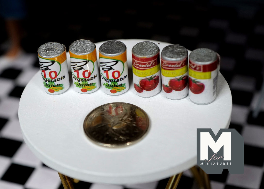1:12 Scale Miniature Tin Cans with Printed Labels, Set of 6, 9/16 inch tall, DIY Dollhouse Supply