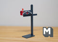 1:12 scale miniature wood mailbox on post in red and gray with fixed door and a welcome friends sign