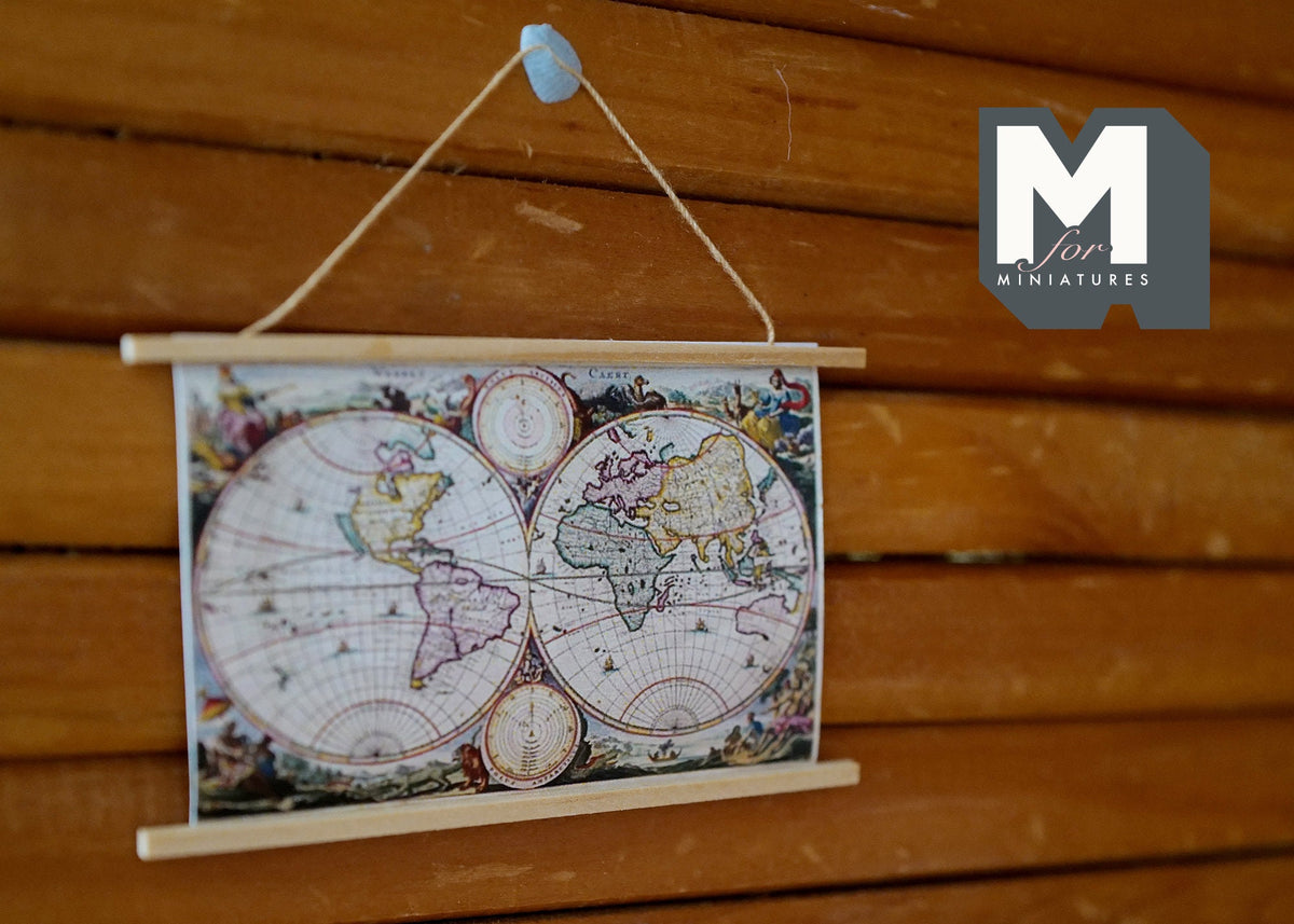 1:12 Scale Miniature World Map Wall Scroll, Two Hemispheres, 3 inch wide, DIY Dollhouse Supply