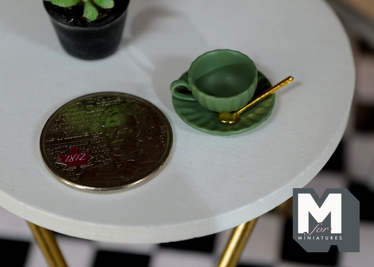 1:12 Scale Miniature Green Cup and Saucer with Spoon, Set of 3, 11/16 inch dia., DIY Dollhouse Supply (large)