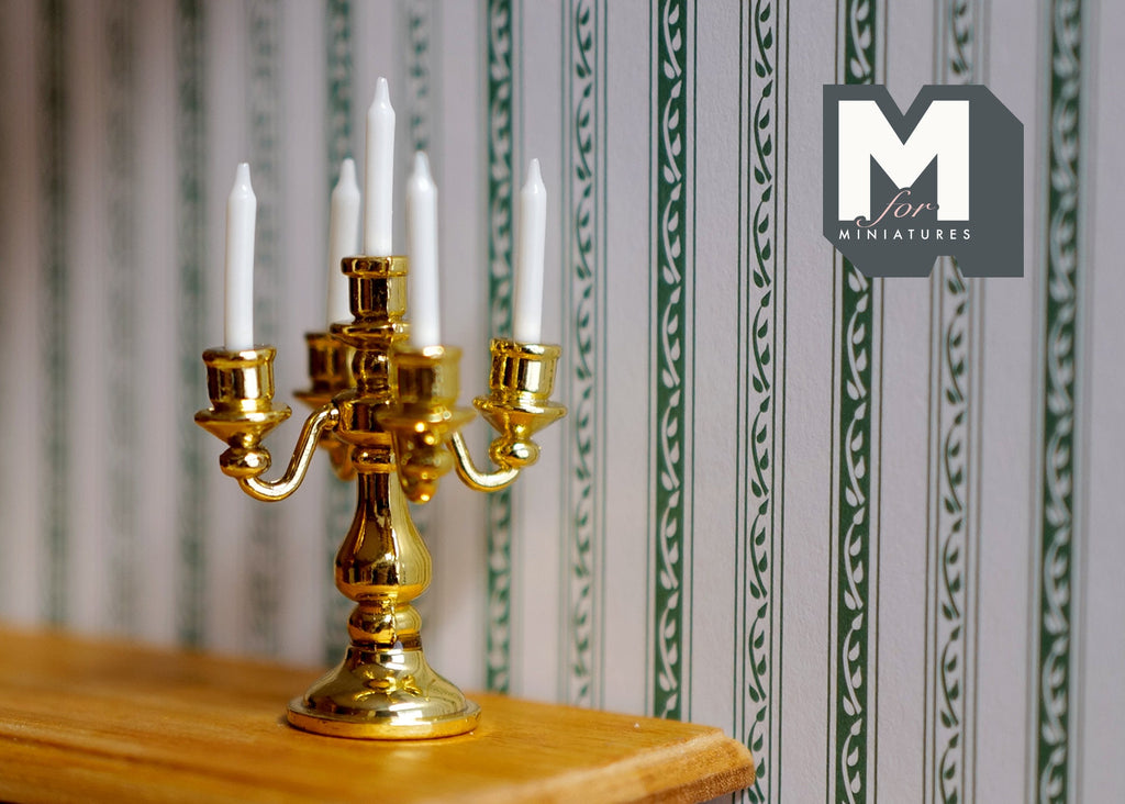 Miniature Candelabra 1:12 Scale Dollhouse Metal Candle Holder 2-3/8 inch tall (gold) - C082