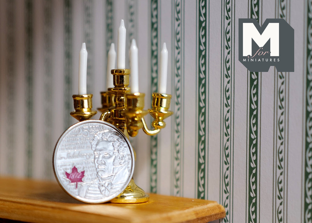 Miniature Candelabra 1:12 Scale Dollhouse Metal Candle Holder 2-3/8 inch tall (gold) - C082