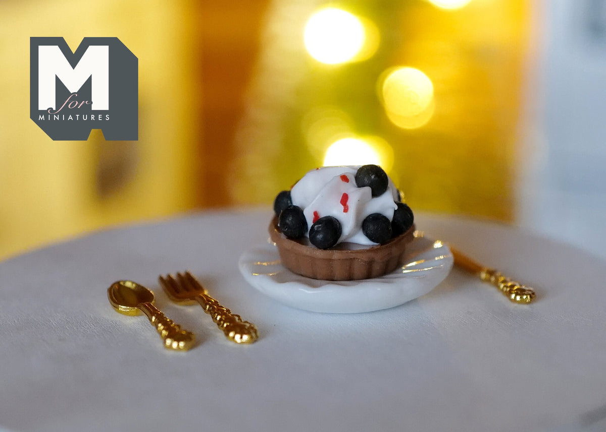 1:12 Scale Miniature Blueberry Tart with Plate and Cutlery, Set of 5, 11/16 inch dia., DIY Dollhouse Supply