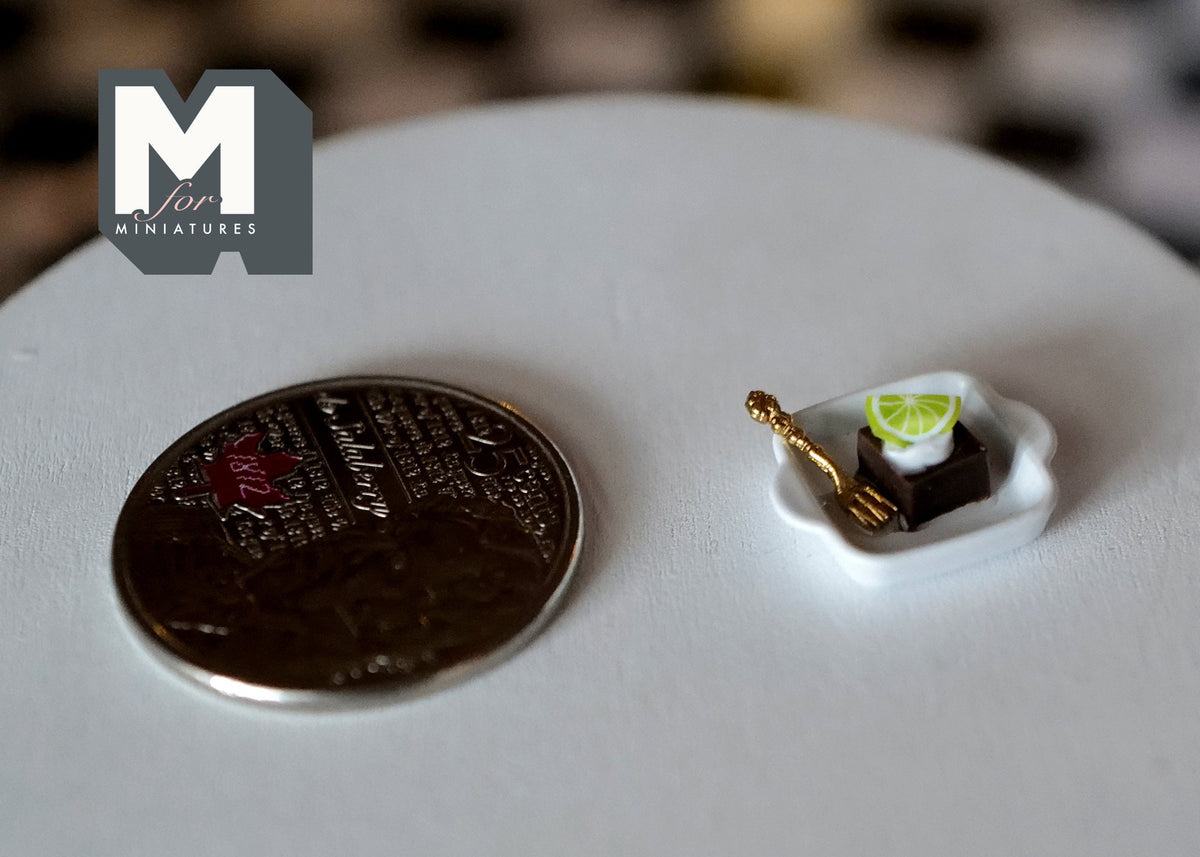 1:12 Scale Miniature Chocolate Brownie in a White Dish, 9/16 inch wide, DIY Dollhouse Supply