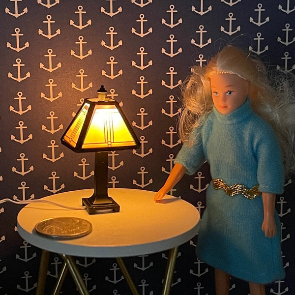 1 Inch Scale Miniature Craftsman Tiffany Table Lamp , 12v Plug Powered , Rectangular Miniature Table Lamp , Dollhouse Reading Lamp