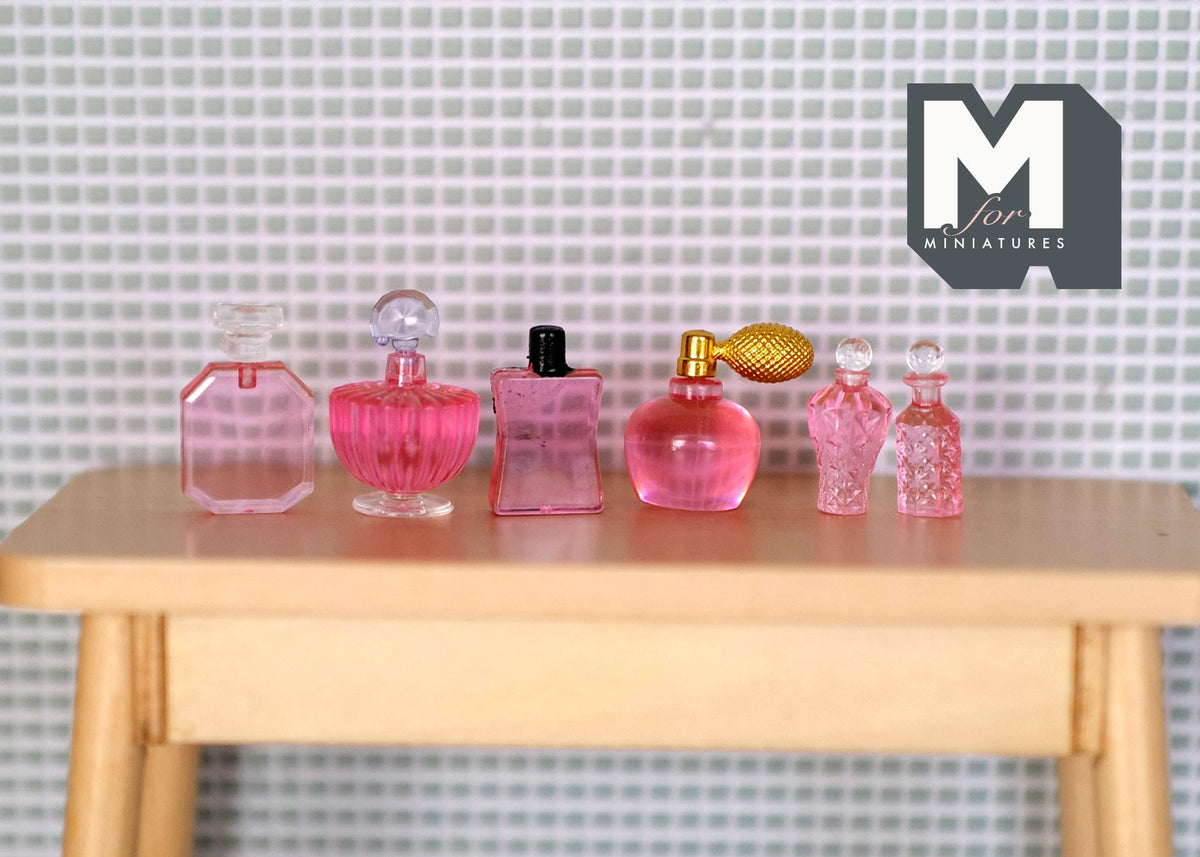 1:12 Scale Miniature Perfume and Toiletry Bottles, Set of 6, 13/16 inch tall, DIY Dollhouse Supply (pink)