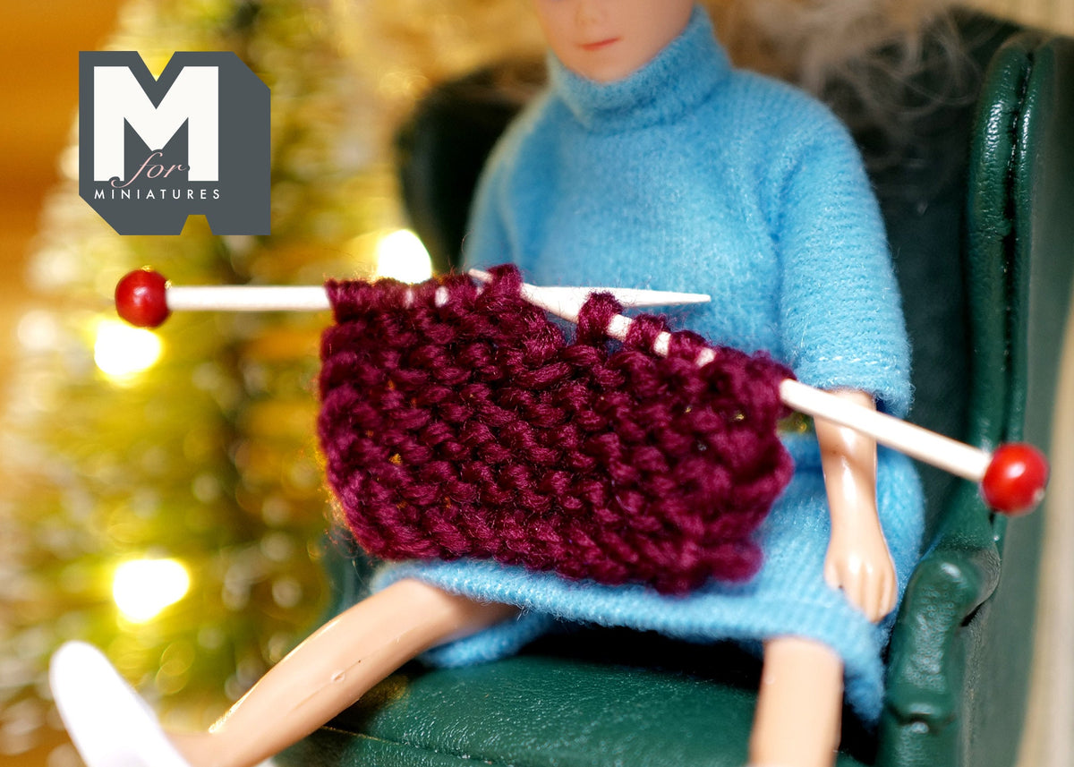 1:12 Scale Miniature Knitting Needles with Knitted Piece, 2-3/16 inch long, DIY Dollhouse Supply (dark red)