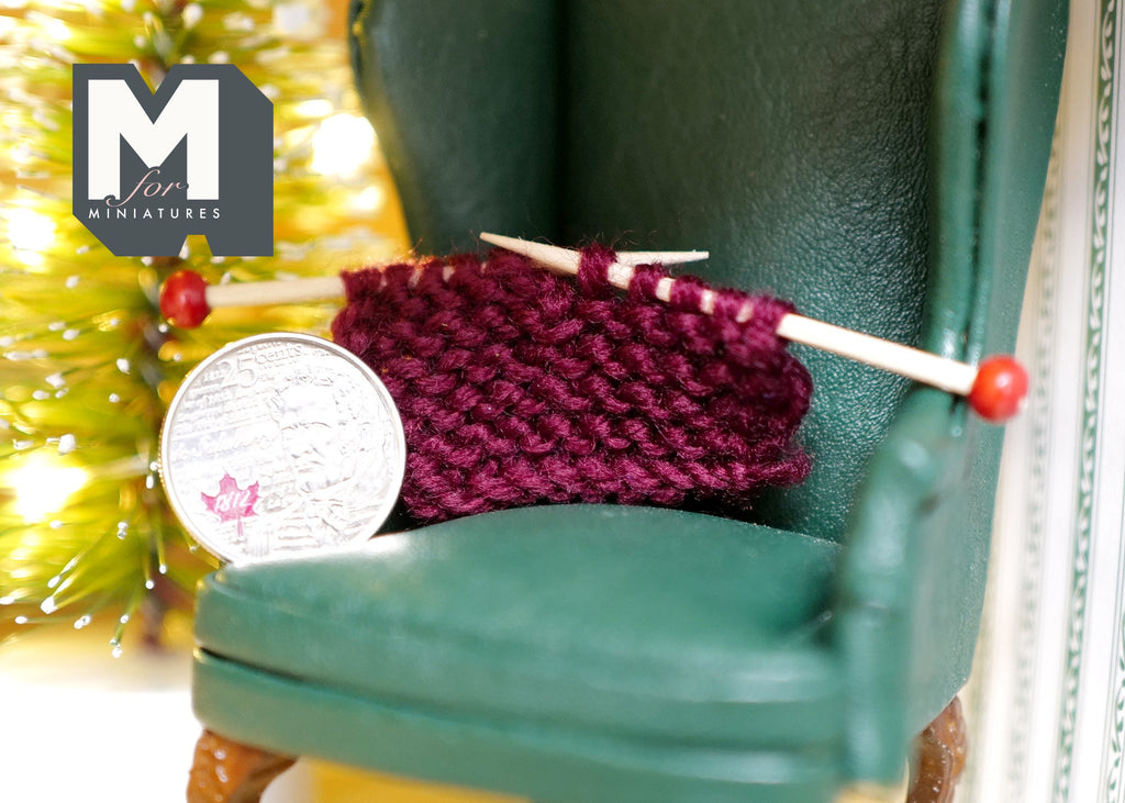 1:12 Scale Miniature Knitting Needles with Knitted Piece, 2-3/16 inch long, DIY Dollhouse Supply (dark red)