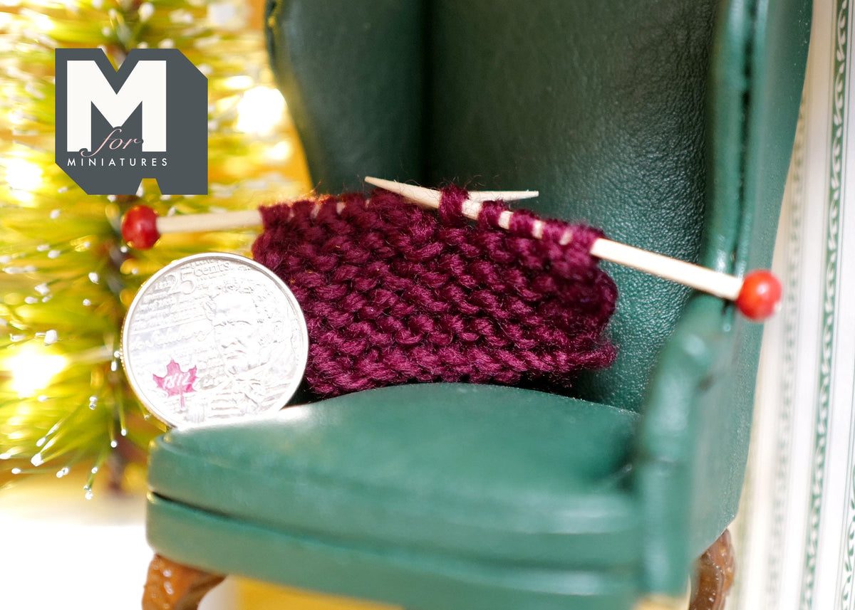 1:12 Scale Miniature Knitting Needles with Knitted Piece, 2-3/16 inch long, DIY Dollhouse Supply (dark red)