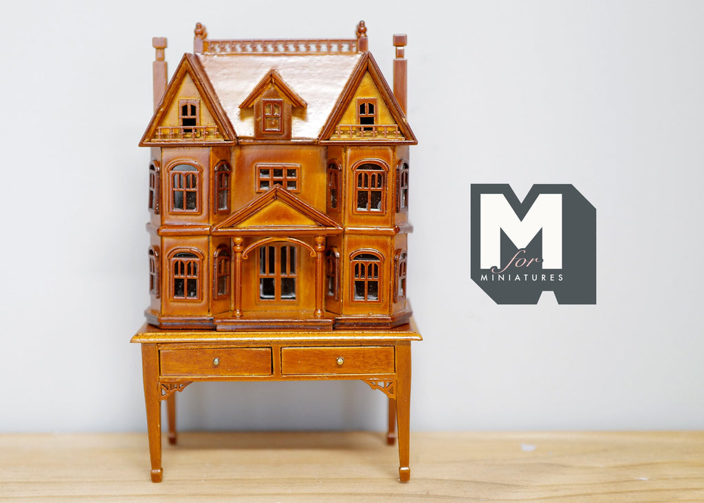 1:144 Scale Miniature Wood Victorian Dollhouse on Table with Drawers, House in a House, Set of 2, 4-1/2 inch tall, DIY Dollhouse Supply