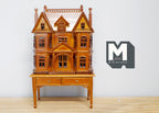 1:144 scale miniature wood Victorian house on a table with drawers, house in a house, set of 2, in warm brown finish