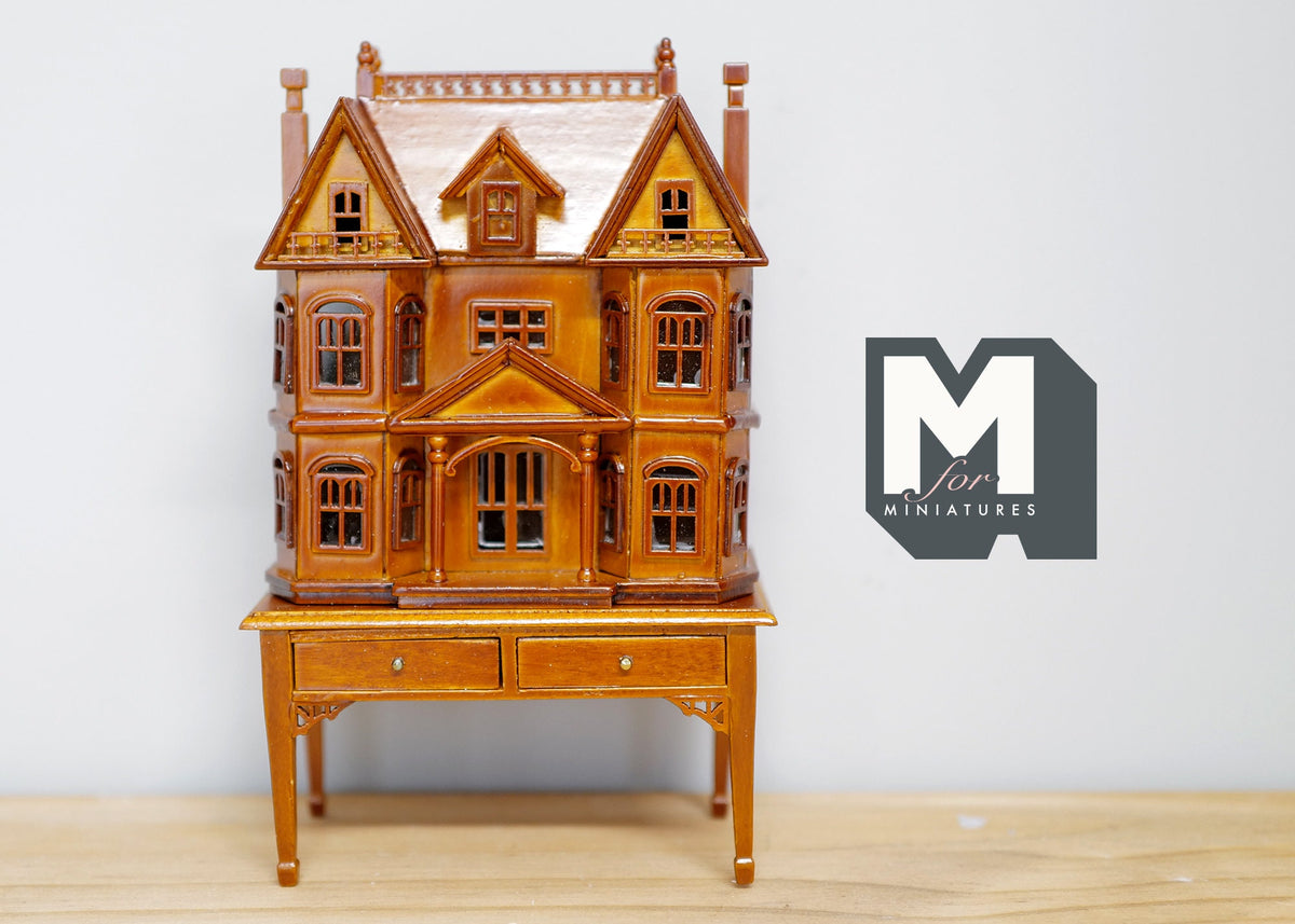 1:144 Scale Miniature Wood Victorian Dollhouse on Table with Drawers, House in a House, Set of 2, 4-1/2 inch tall, DIY Dollhouse Supply