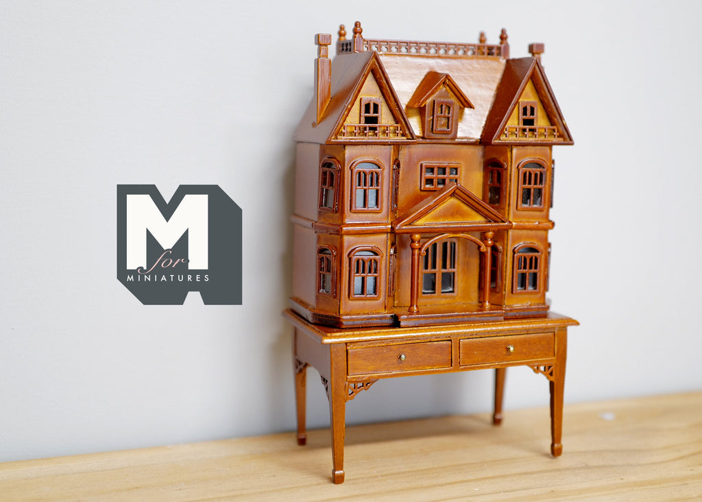 1:144 Scale Miniature Wood Victorian Dollhouse on Table with Drawers, House in a House, Set of 2, 4-1/2 inch tall, DIY Dollhouse Supply