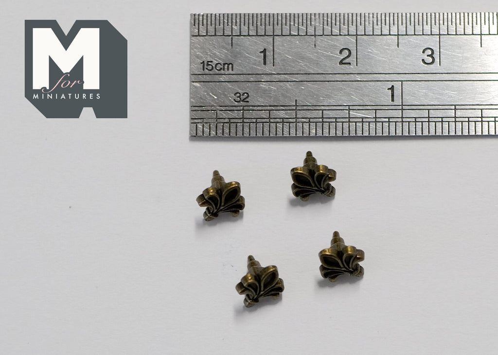 1:12 Scale Miniature Antique Brass Fleur de Lis Cabinet Knobs, Set of 4, 3/16 inch dia., DIY Dollhouse Supply (Q)