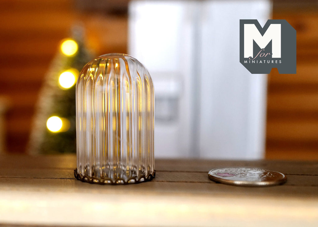 1:12 Scale Miniature Ribbed Glass Dome on Bronze Metal Base, 1-1/2 inch tall, DIY Dollhouse Supply (large)