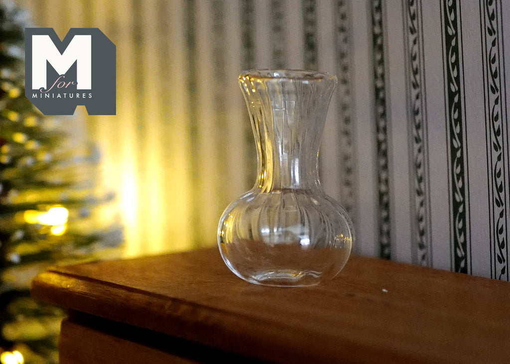 1:12 Scale Miniature Glass Vase, Round Bottom with Flared Ribbed Top, 1-3/16 inch tall, DIY Dollhouse Supply (clear)