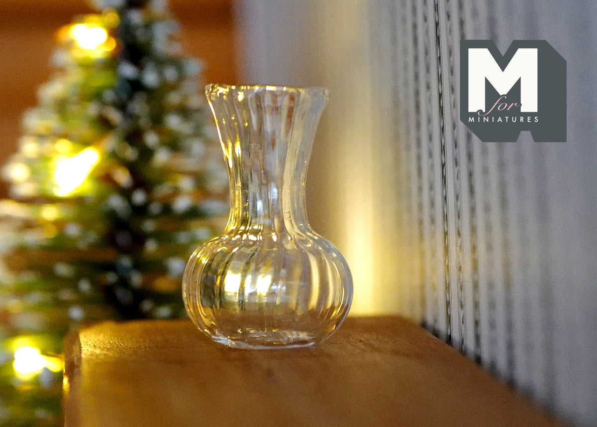 1:12 Scale Miniature Glass Vase, Round Bottom with Flared Ribbed Top, 1-3/16 inch tall, DIY Dollhouse Supply (clear)