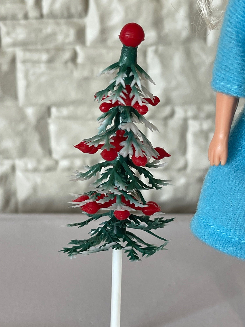 1:12 Scale Miniature Frosted Christmas Tree with Red Berries, 4-1/2 inch tall, DIY Dollhouse Supply